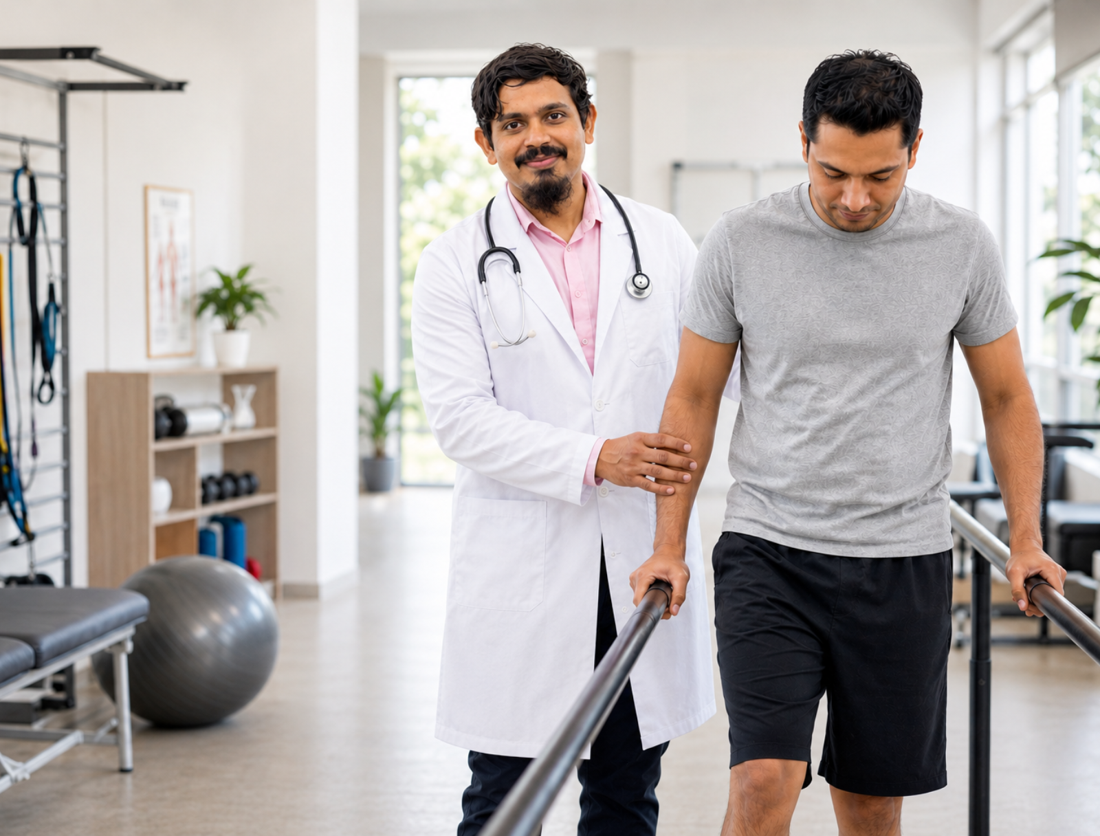Physiotherapist helping elderly patient walk between parallel bars in rehabilitation gym